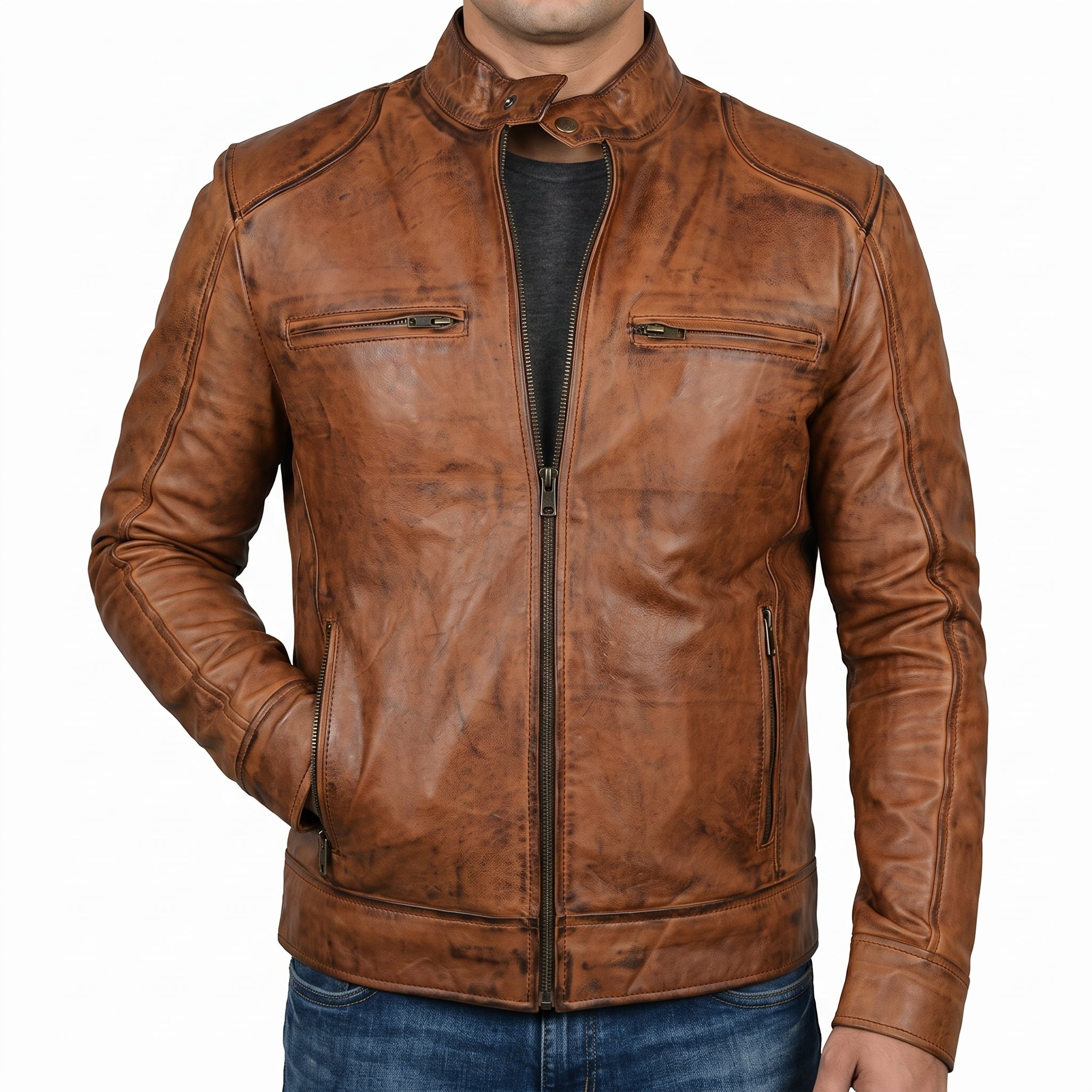 Men's Distressed Cognac Motorcycle Jacket - Vintage Genuine Leather Jacket