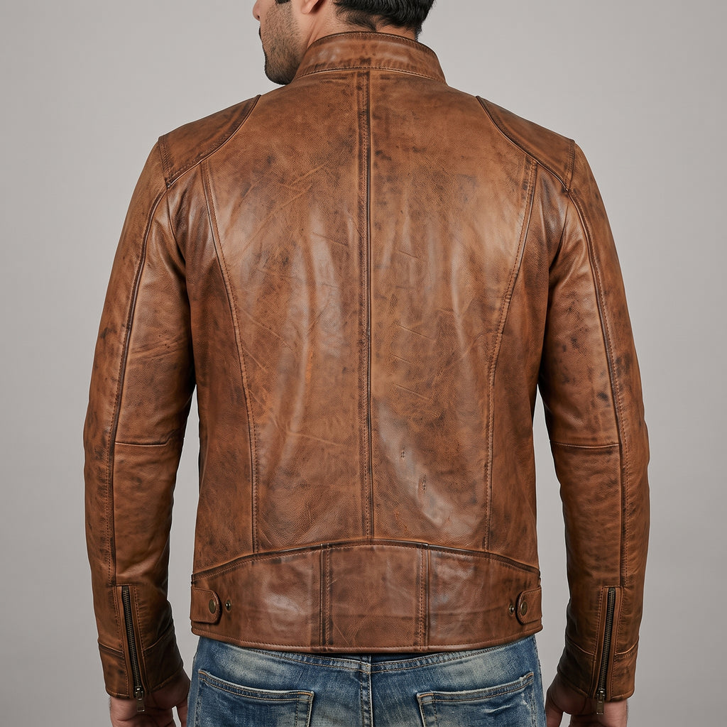 Men's Distressed Cognac Motorcycle Jacket - Vintage Genuine Leather Jacket