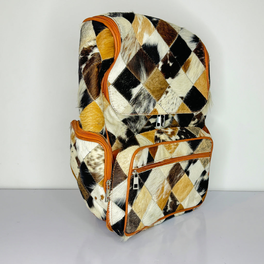 Diamond Patchwork Cowhide Leather Backpack – Multicolor Hair-On-Hide Backpack
