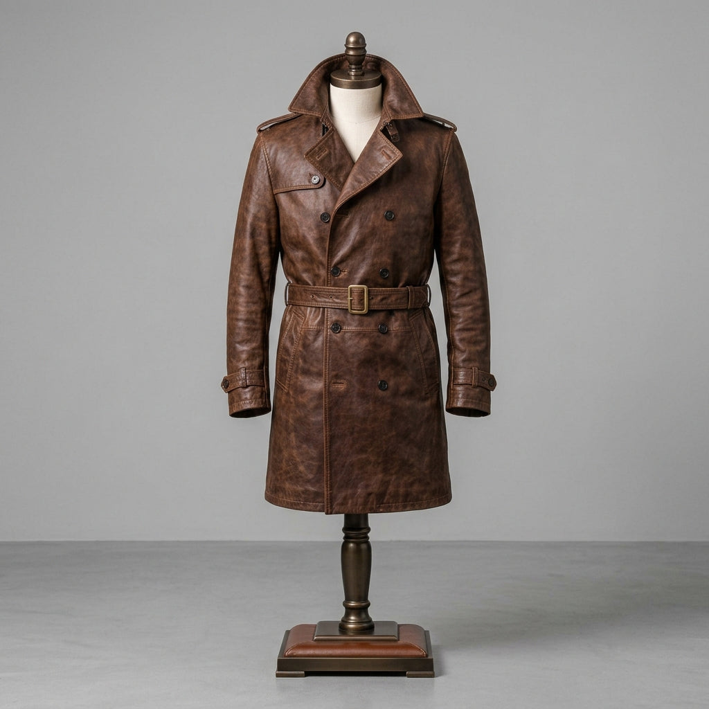 Men’s Brown Genuine Leather Trench Coat with Adjustable Belt