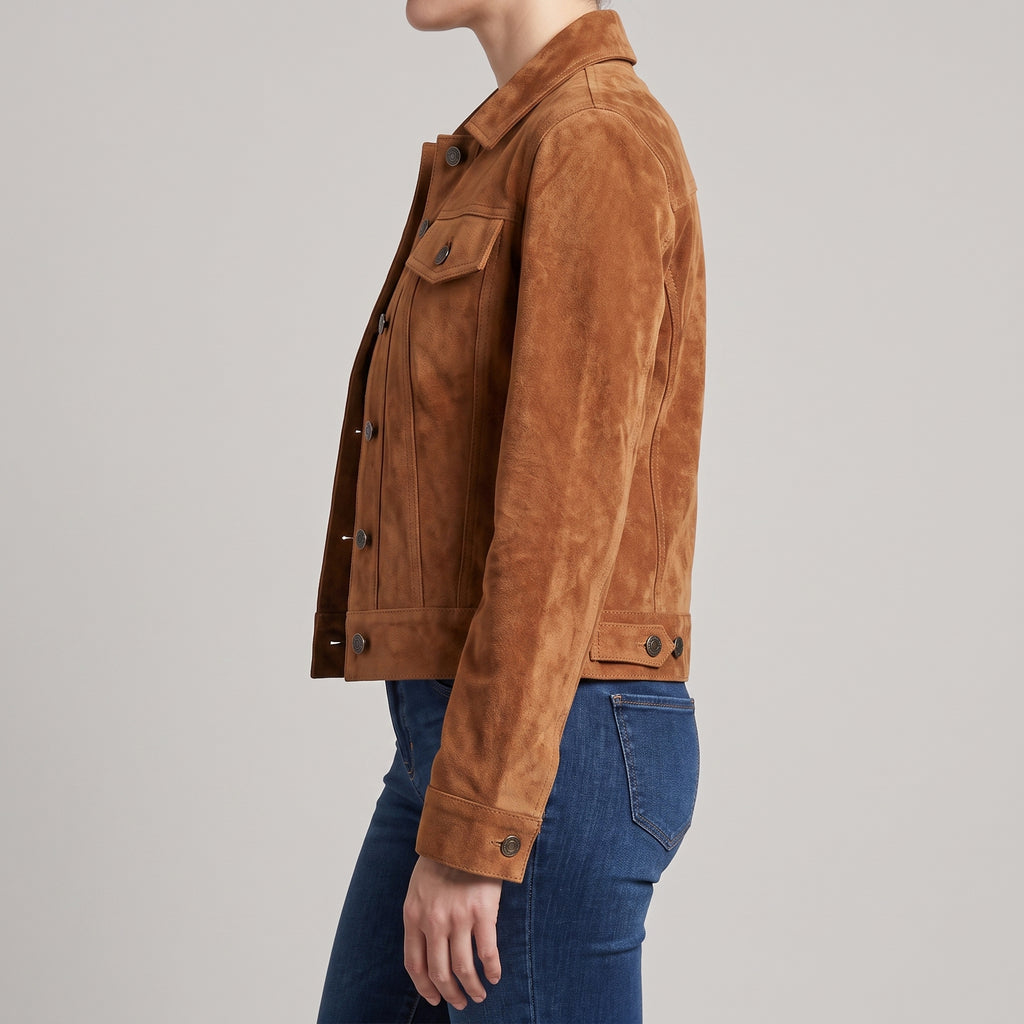 Cognac Suede Trucker Jacket - Women's Classic Snap-Front Leather Jacket