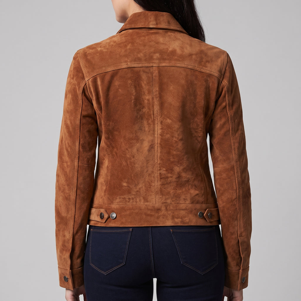Cognac Suede Trucker Jacket - Women's Classic Snap-Front Leather Jacket