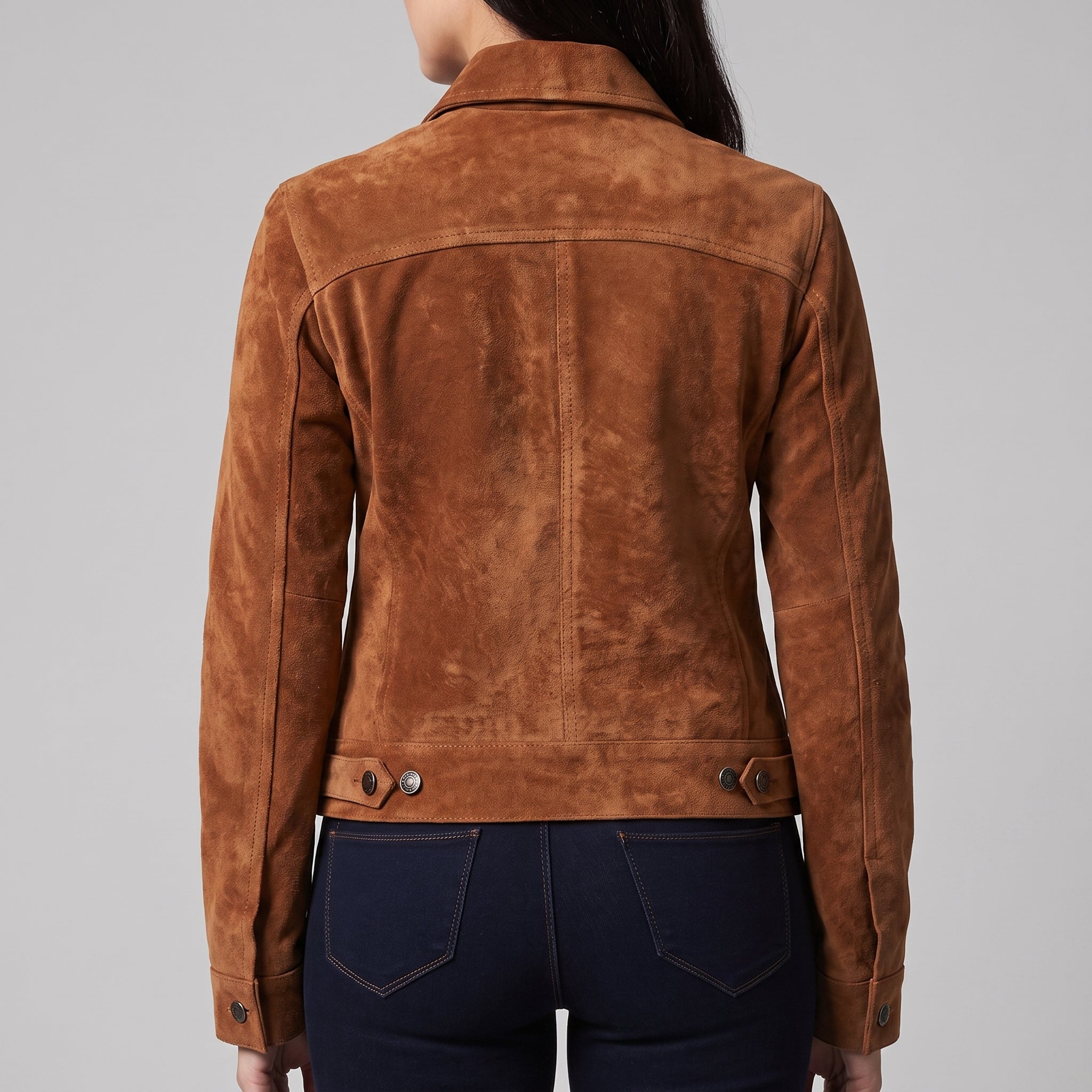 Cognac Suede Trucker Jacket - Women's Classic Snap-Front Leather Jacket