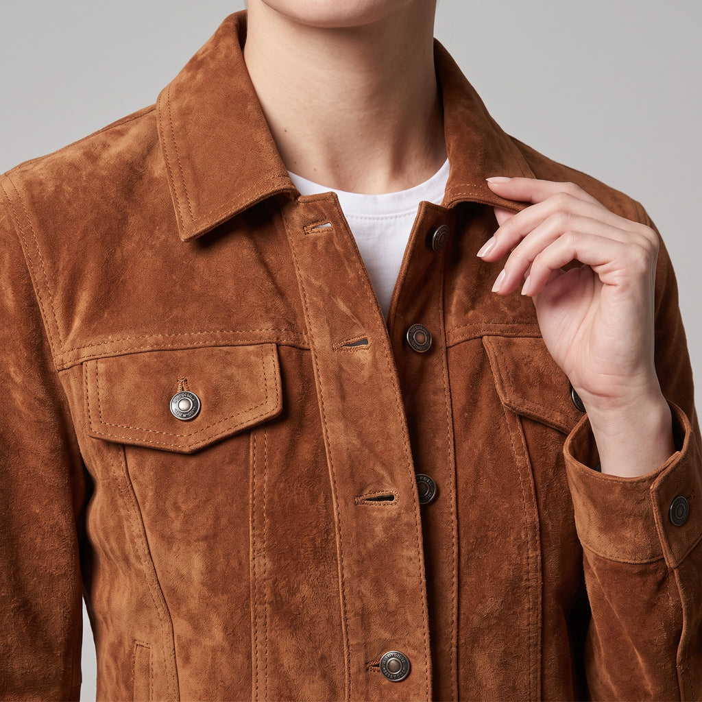 Cognac Suede Trucker Jacket - Women's Classic Snap-Front Leather Jacket