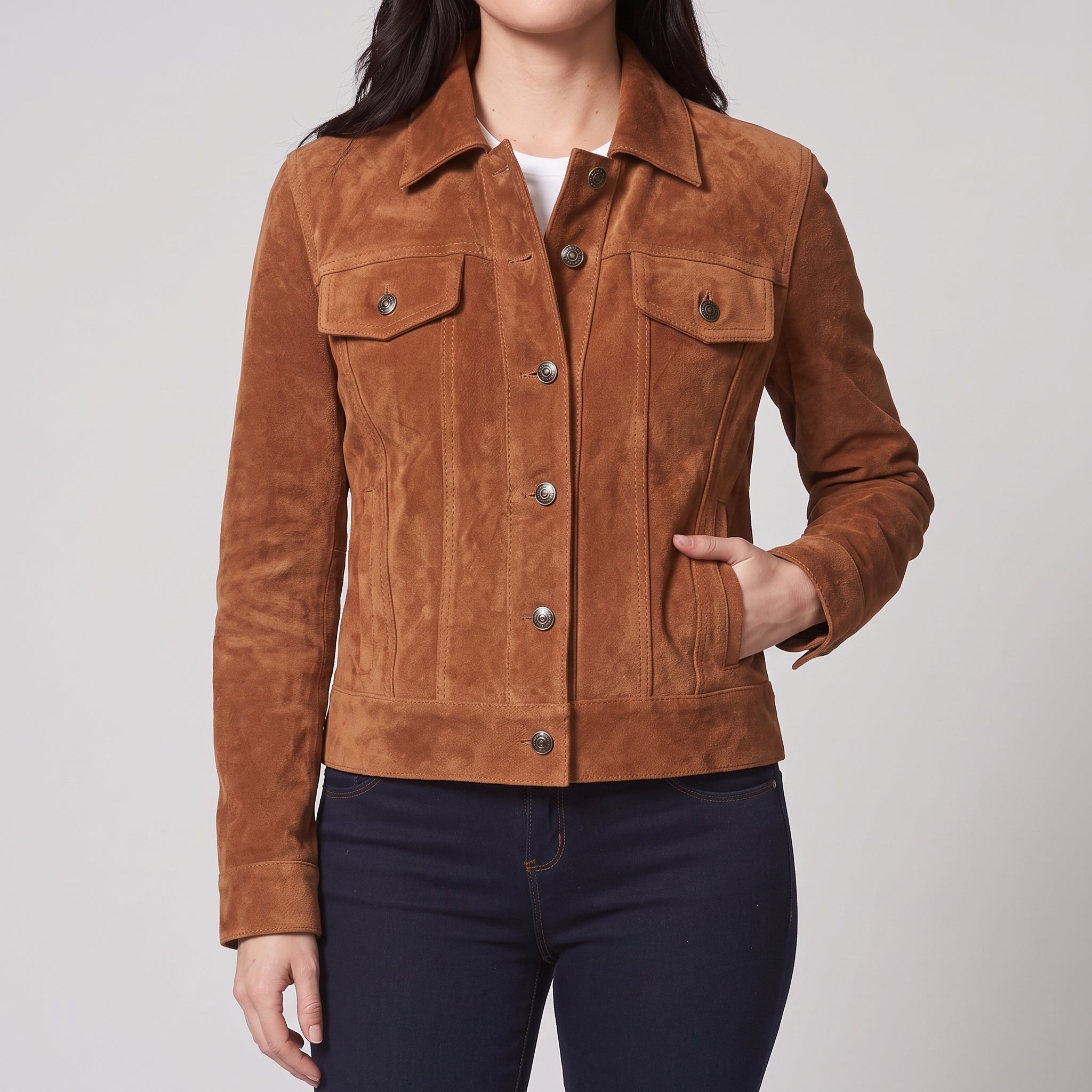 Cognac Suede Trucker Jacket - Women's Classic Snap-Front Leather Jacket