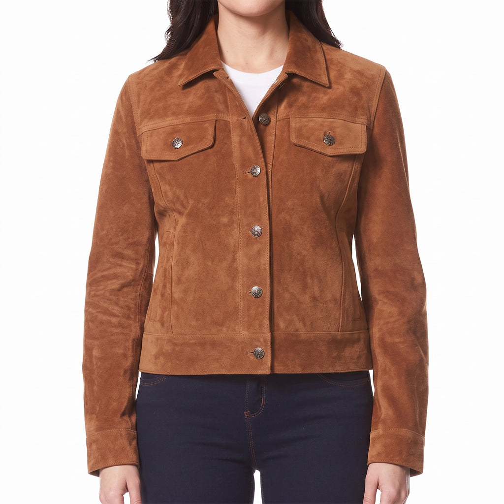 Cognac Suede Trucker Jacket - Women's Classic Snap-Front Leather Jacket