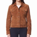 Cognac Suede Trucker Jacket - Women's Classic Snap-Front Leather Jacket