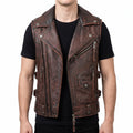 Distressed Brown Leather Biker Vest - Men's Multi-Zip Moto Vest