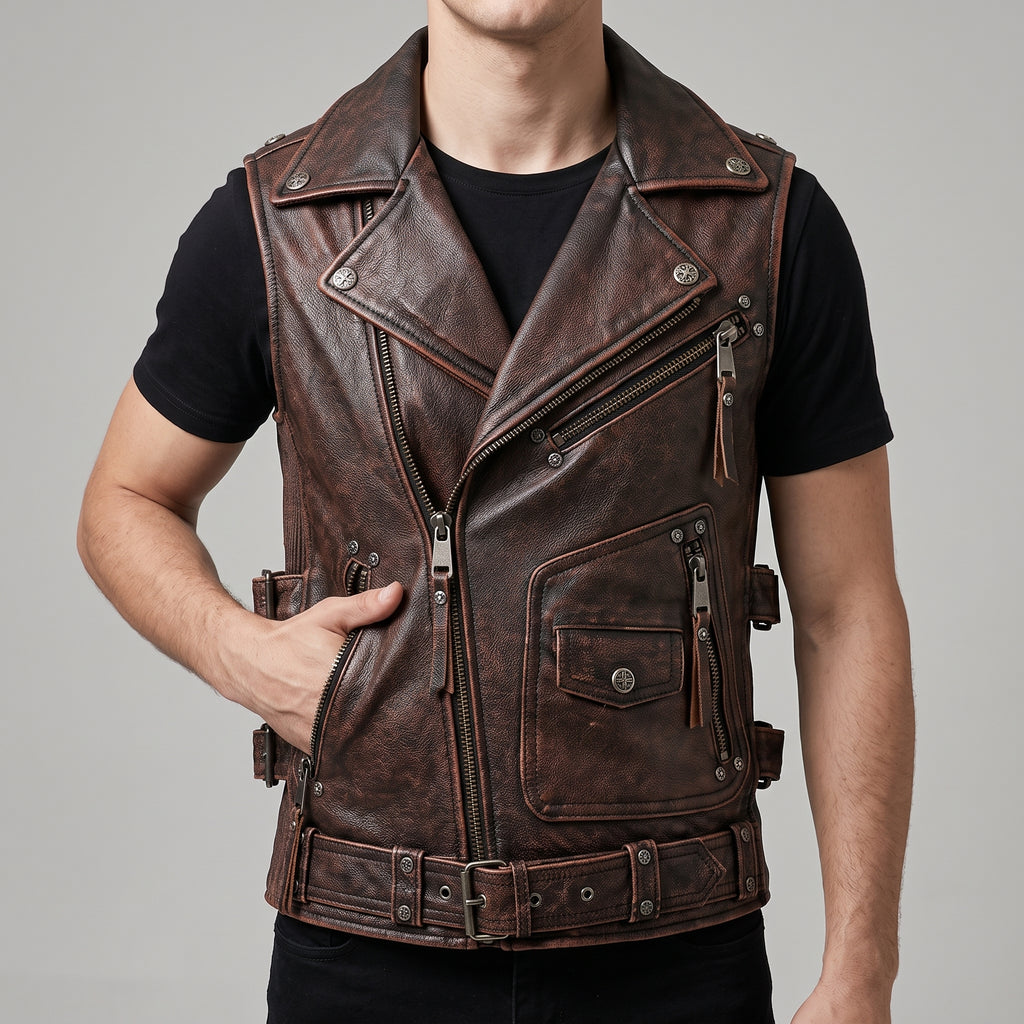 Distressed Brown Leather Biker Vest - Men's Multi-Zip Moto Vest