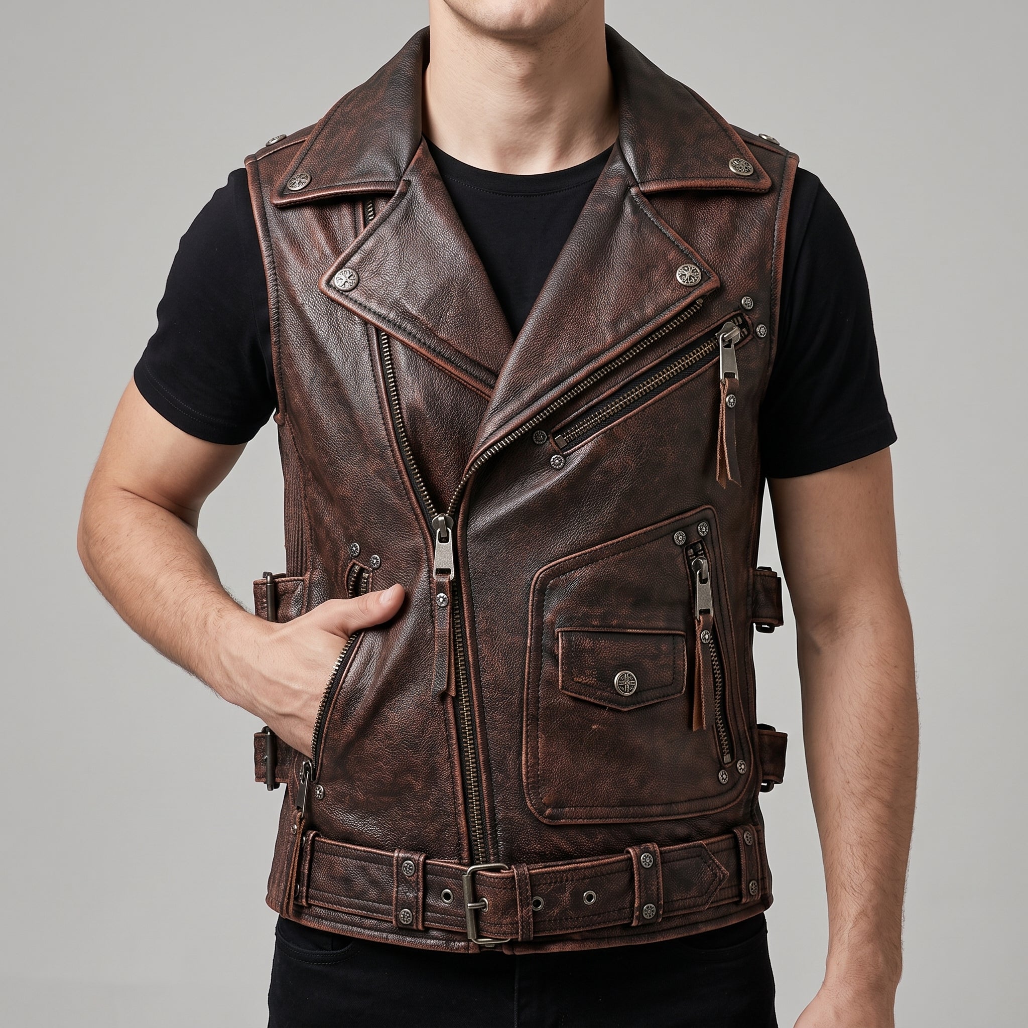 Distressed Brown Leather Biker Vest - Men's Multi-Zip Moto Vest