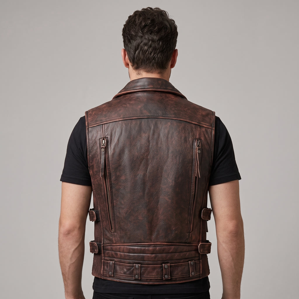 Distressed Brown Leather Biker Vest - Men's Multi-Zip Moto Vest