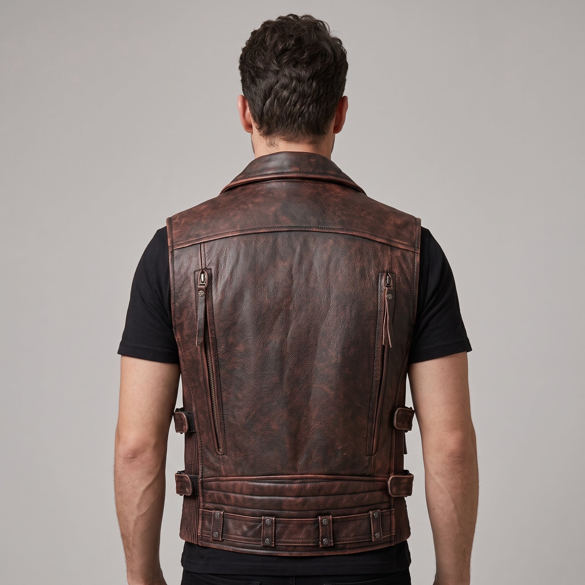 Distressed Brown Leather Biker Vest - Men's Multi-Zip Moto Vest