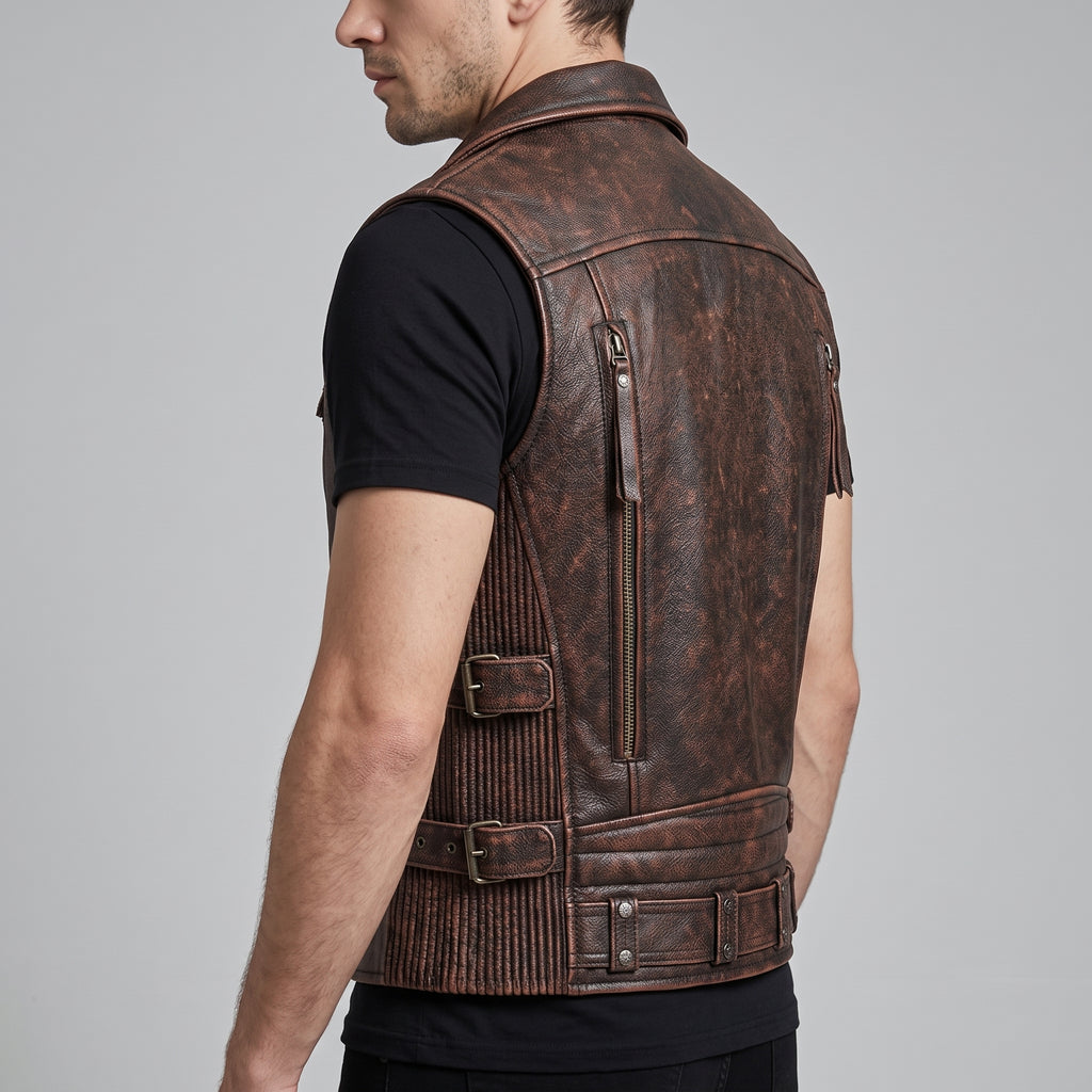 Distressed Brown Leather Biker Vest - Men's Multi-Zip Moto Vest