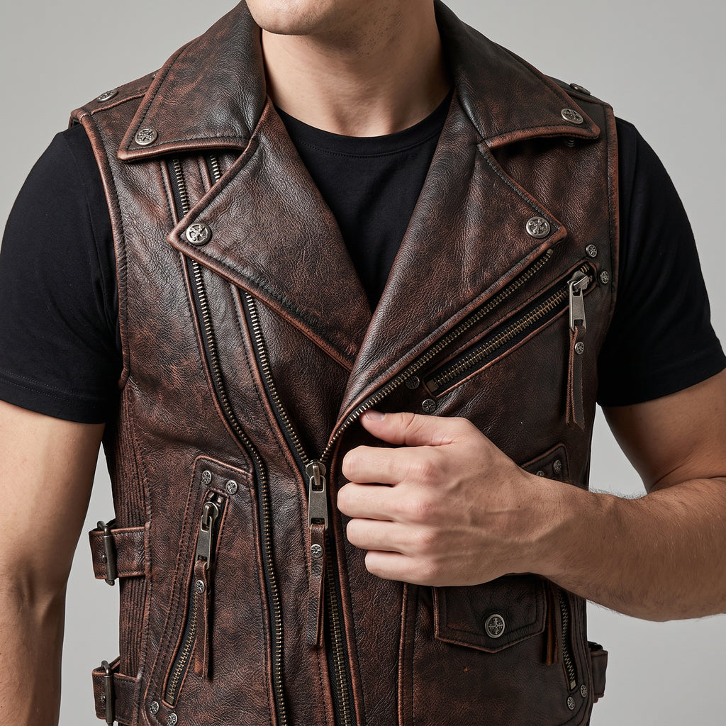 Distressed Brown Leather Biker Vest - Men's Multi-Zip Moto Vest