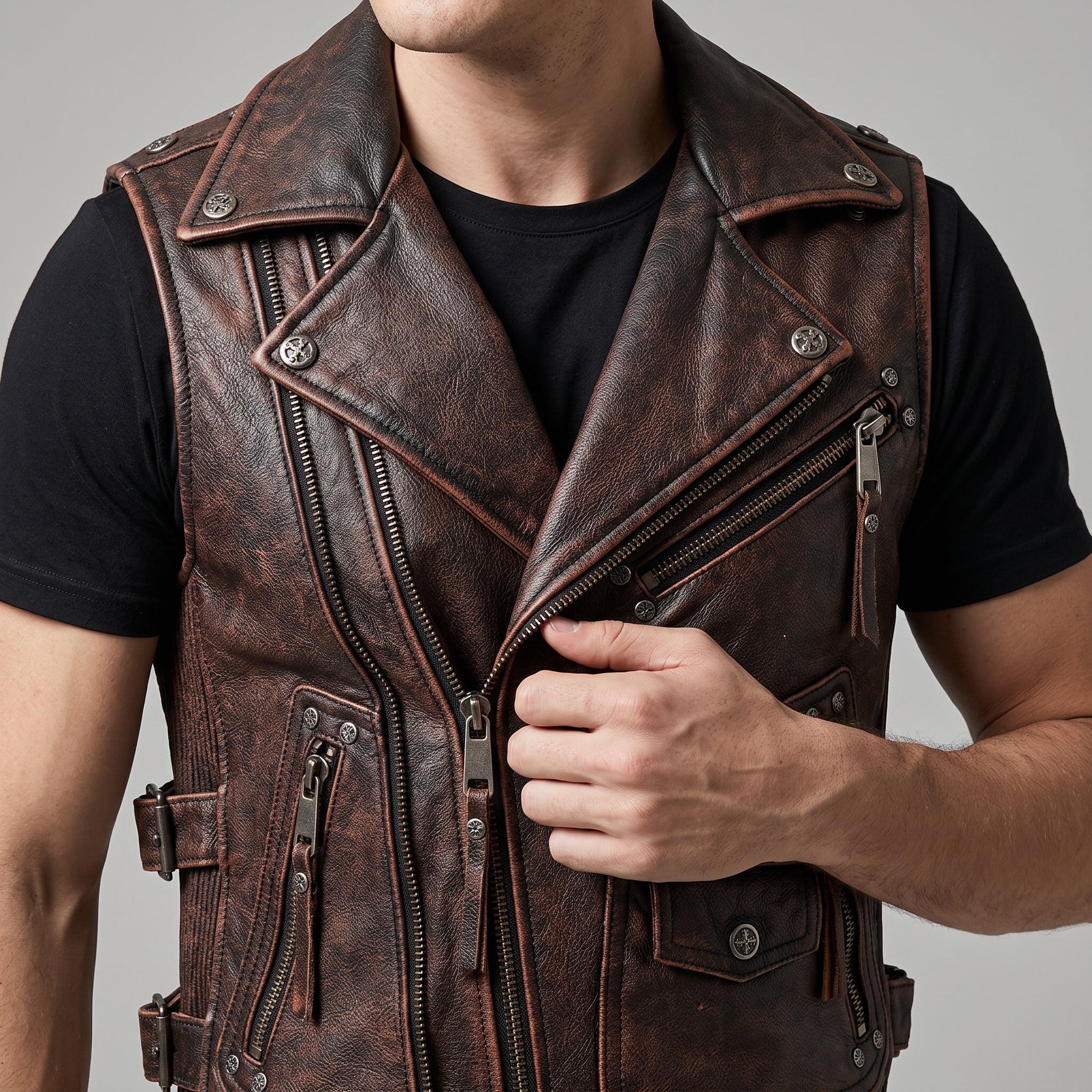 Distressed Brown Leather Biker Vest - Men's Multi-Zip Moto Vest