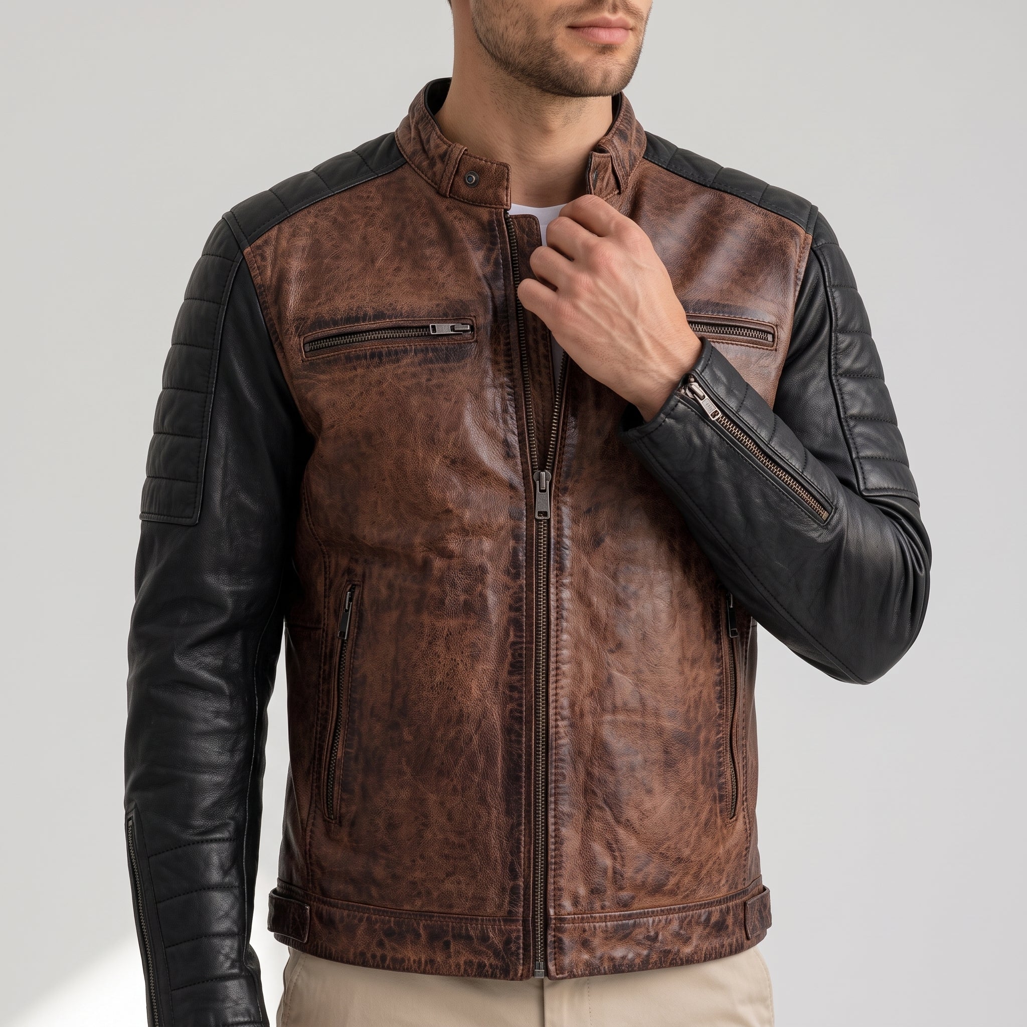 Men's Two-Tone Brown & Black Leather Café Racer Jacket
