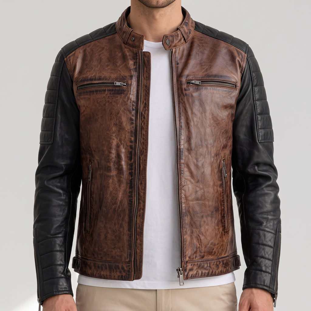 Men's Two-Tone Brown & Black Leather Café Racer Jacket