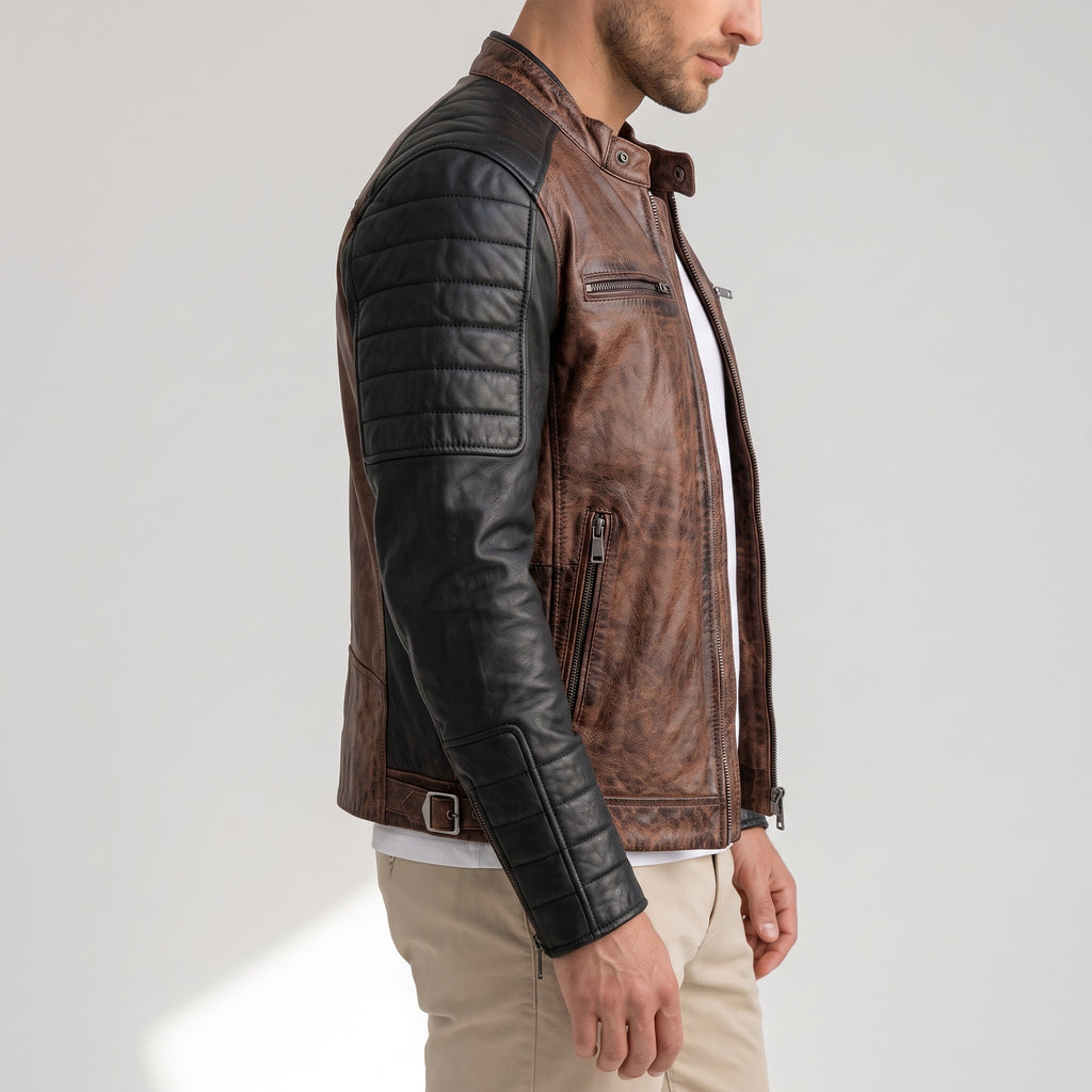 Men's Two-Tone Brown & Black Leather Café Racer Jacket