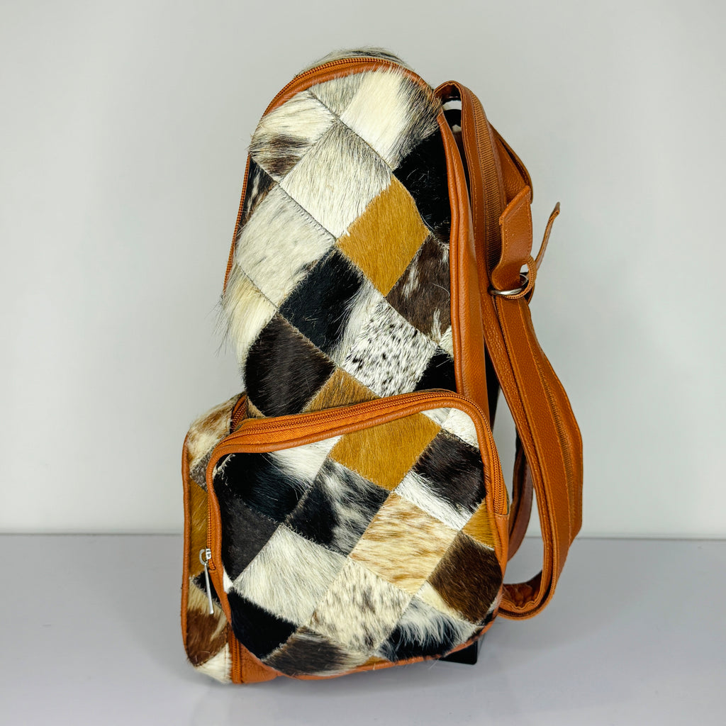 Diamond Patchwork Cowhide Leather Backpack – Multicolor Hair-On-Hide Backpack