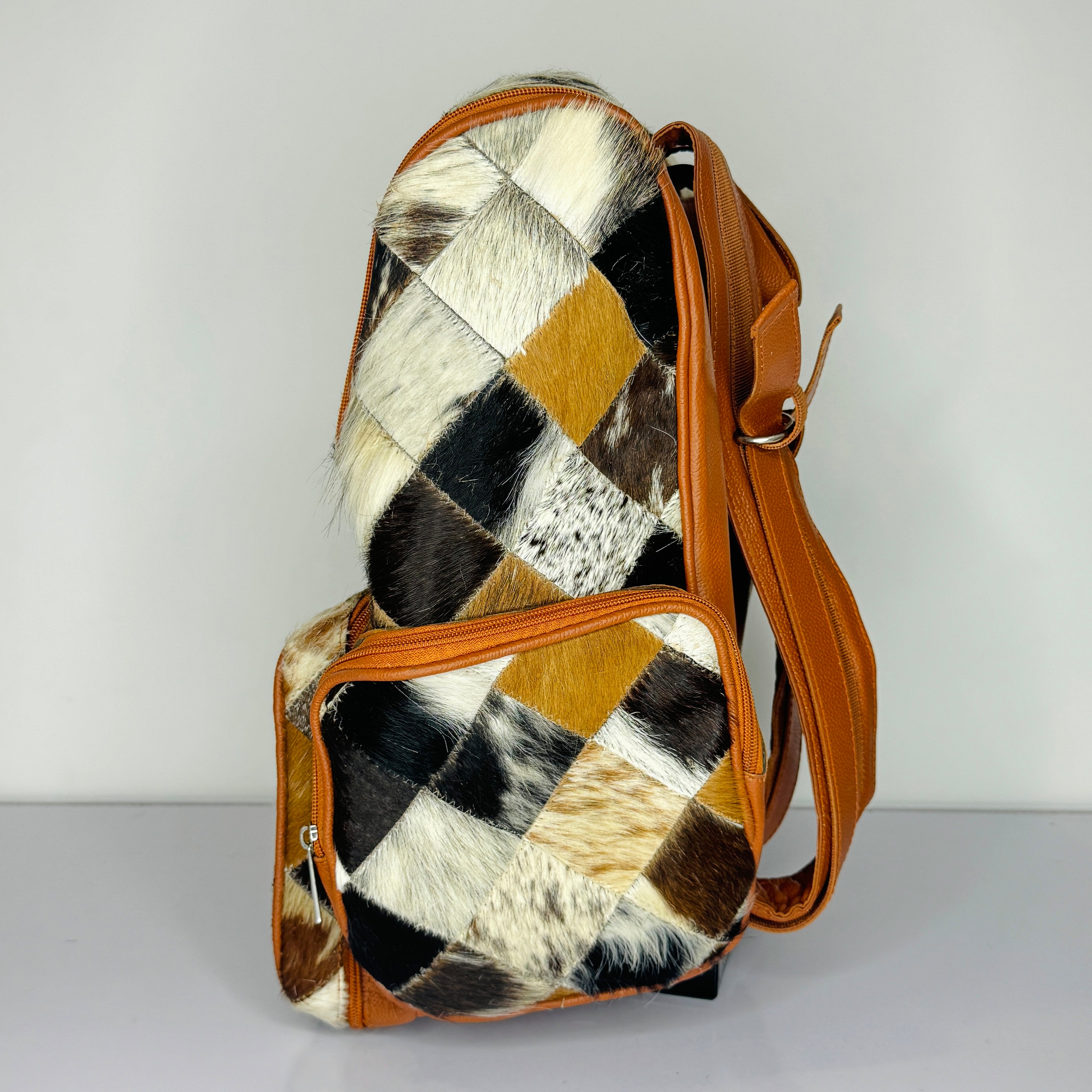 Diamond Patchwork Cowhide Leather Backpack – Multicolor Hair-On-Hide Backpack