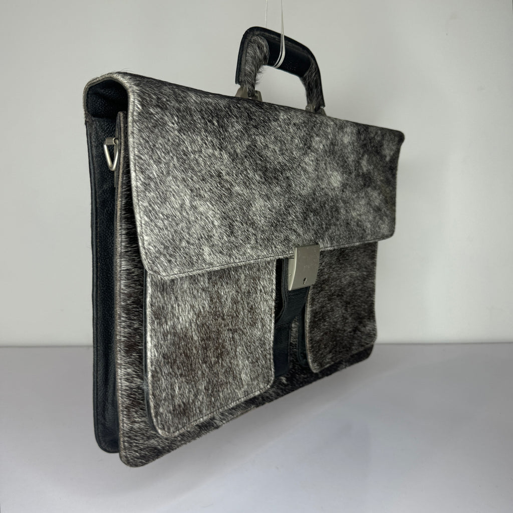 Black Leather Laptop Bag with Cowhide Trim – Slim Zip Portfolio Case