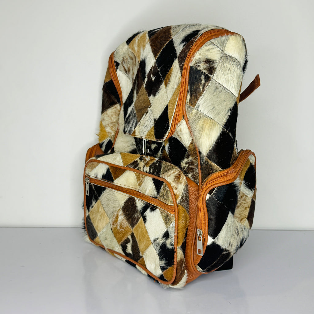 Diamond Patchwork Cowhide Leather Backpack – Multicolor Hair-On-Hide Backpack