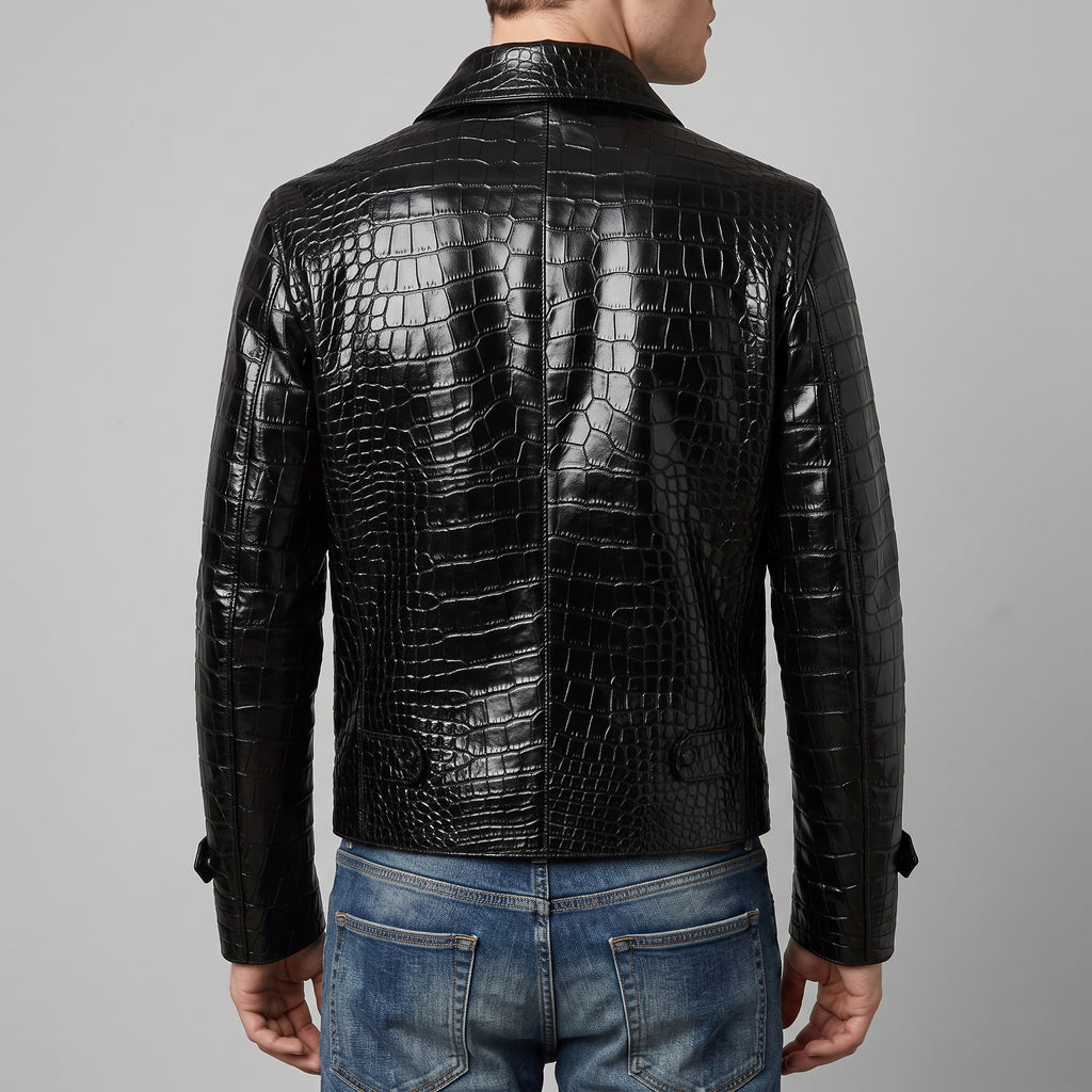 Men's Black Crocodile Print Leather Jacket - Luxury Faux Leather Jacket