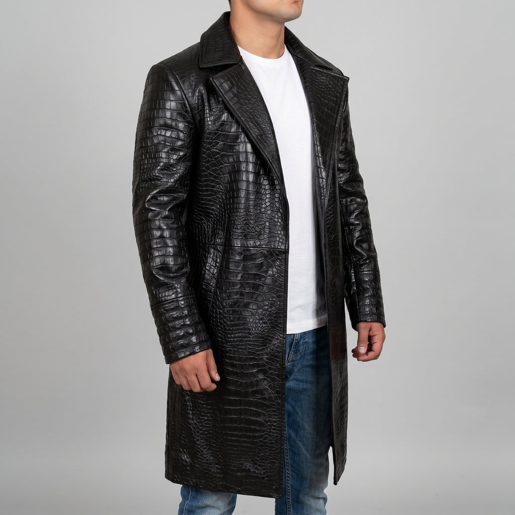 Men's Black Croc-Print Leather Long Coat - Luxury Full-Length Faux Leather Coat