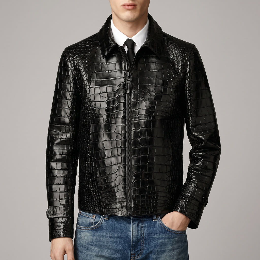 Men's Black Crocodile Print Leather Jacket - Luxury Faux Leather Jacket