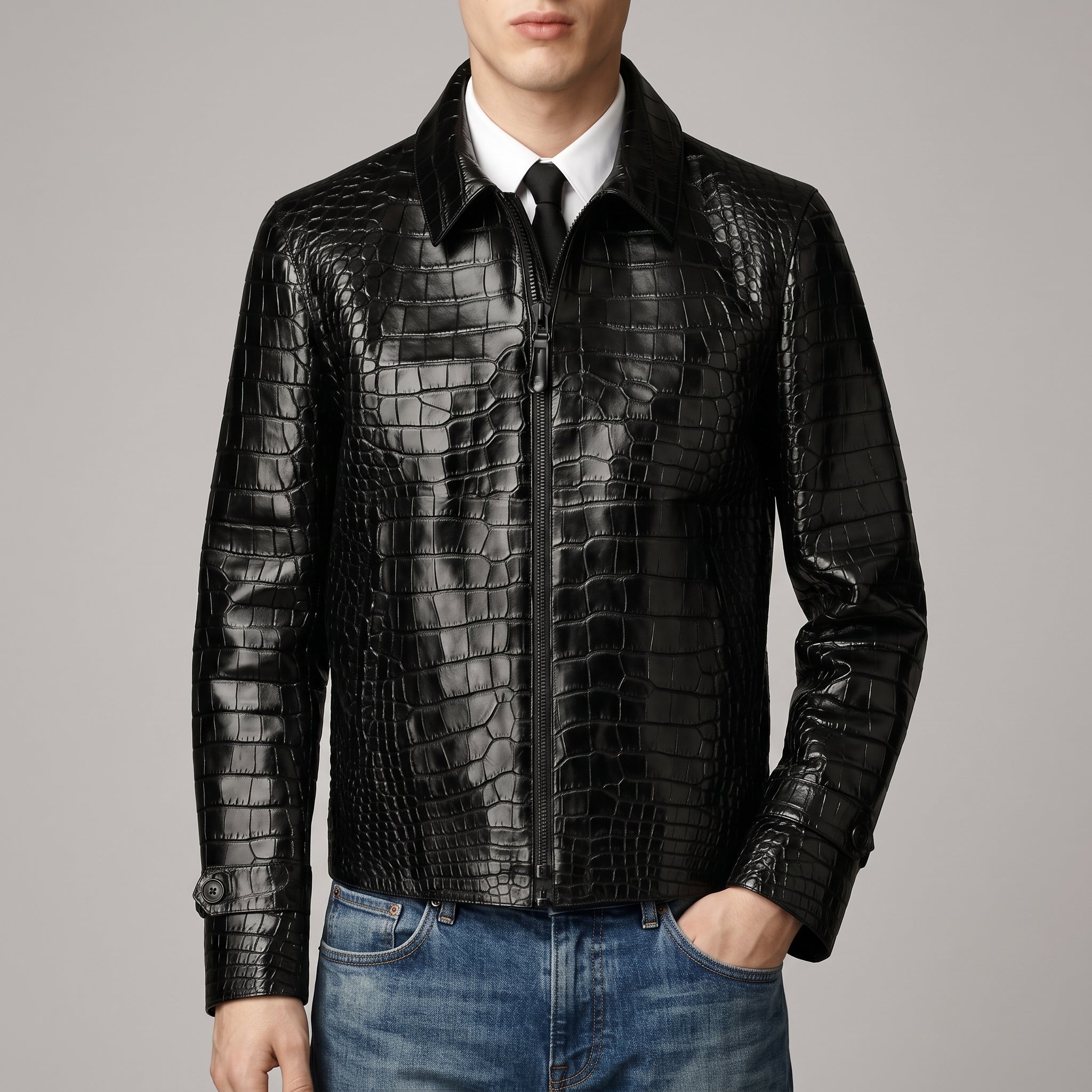 Men's Black Crocodile Print Leather Jacket - Luxury Faux Leather Jacket