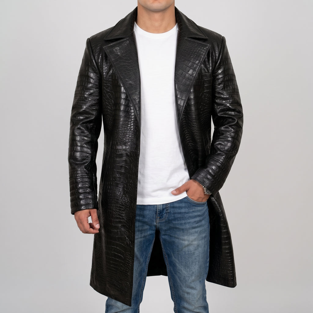 Men's Black Croc-Print Leather Long Coat - Luxury Full-Length Faux Leather Coat