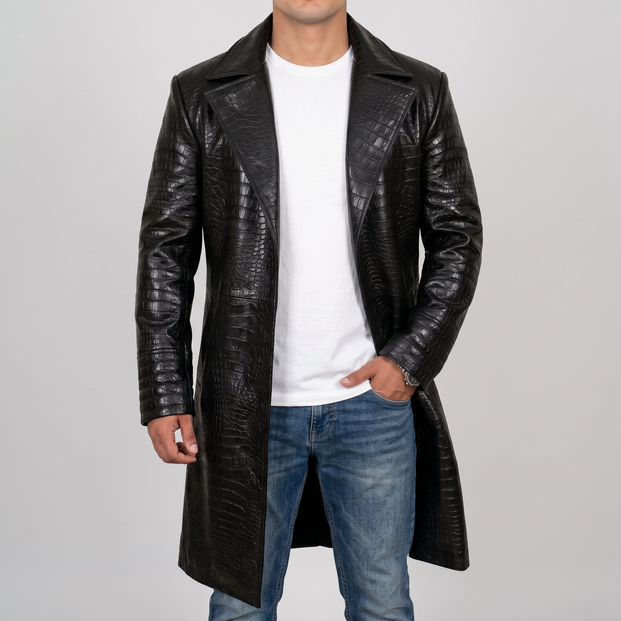 Men's Black Croc-Print Leather Long Coat - Luxury Full-Length Faux Leather Coat