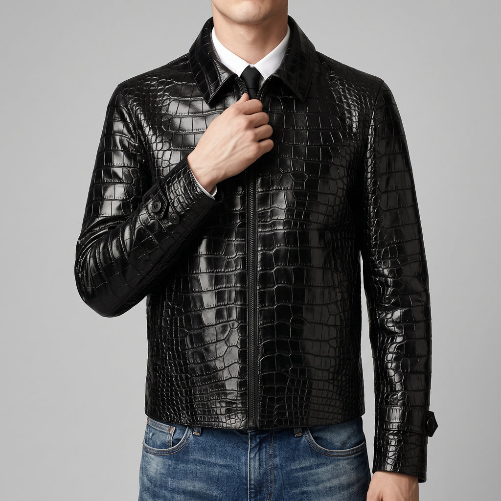 Men's Black Crocodile Print Leather Jacket - Luxury Faux Leather Jacket