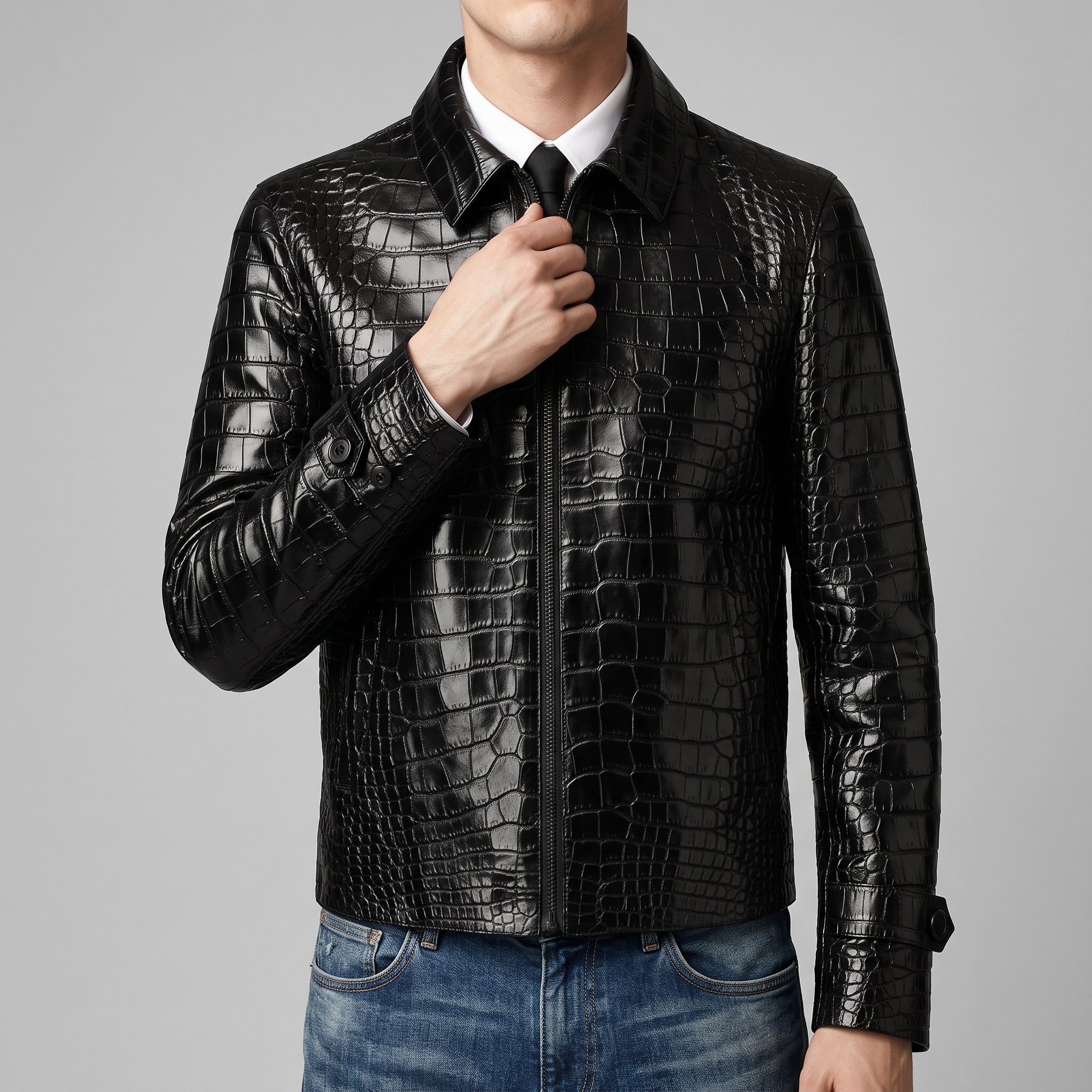 Men's Black Crocodile Print Leather Jacket - Luxury Faux Leather Jacket