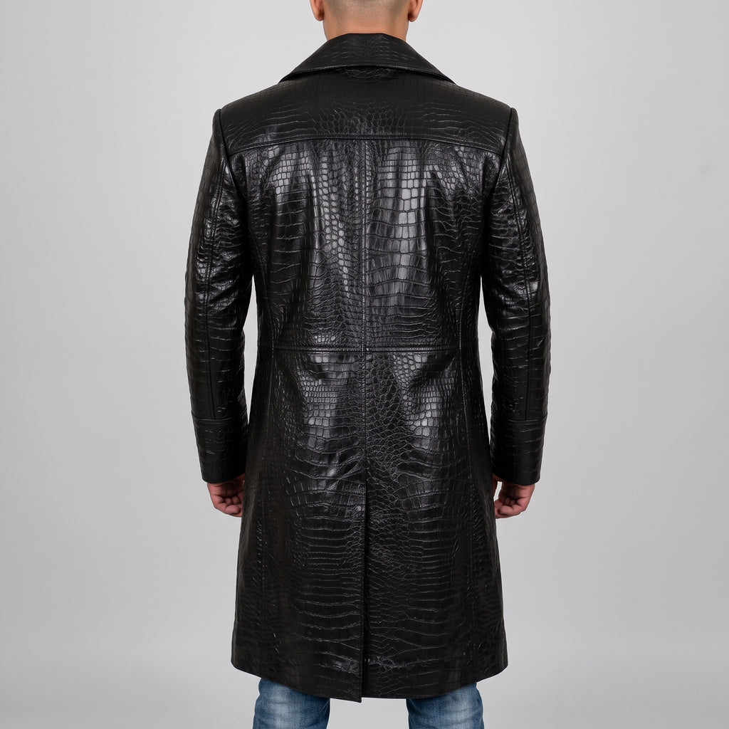 Men's Black Croc-Print Leather Long Coat - Luxury Full-Length Faux Leather Coat