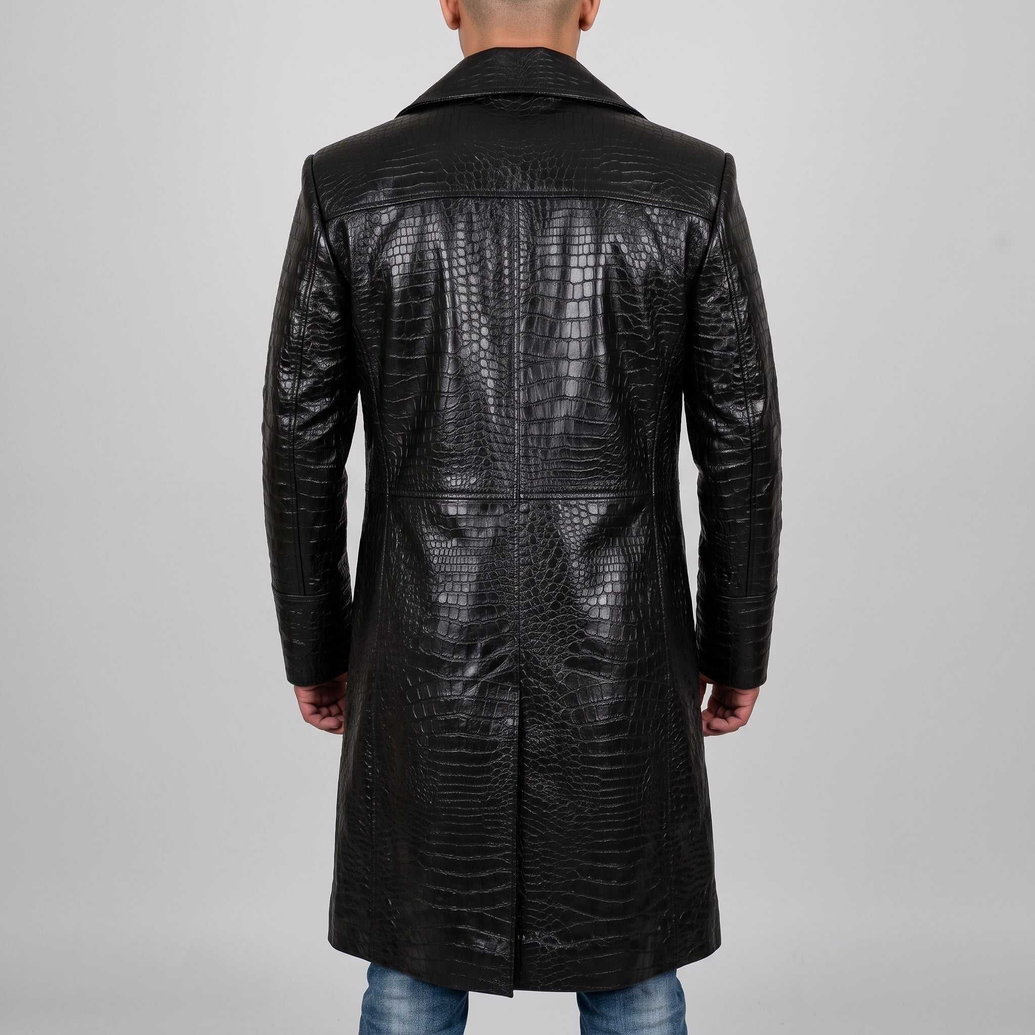 Men's Black Croc-Print Leather Long Coat - Luxury Full-Length Faux Leather Coat
