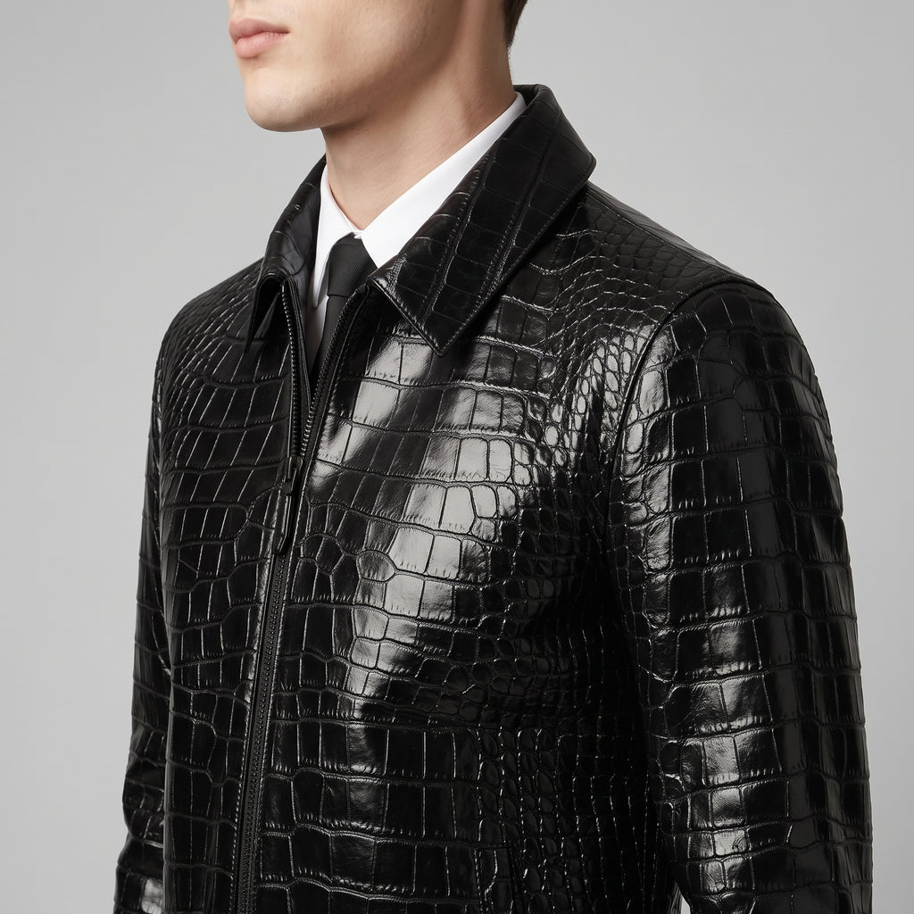 Men's Black Crocodile Print Leather Jacket - Luxury Faux Leather Jacket