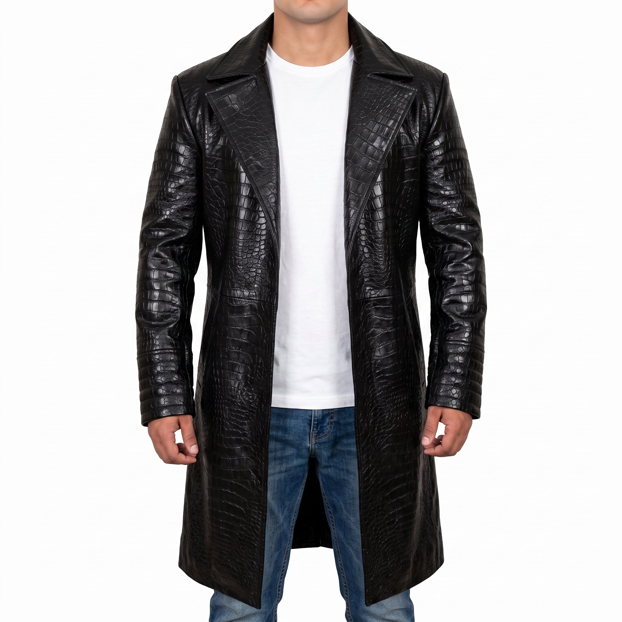 Men's Black Croc-Print Leather Long Coat - Luxury Full-Length Faux Leather Coat
