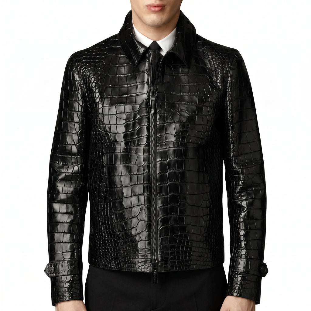 Men's Black Crocodile Print Leather Jacket - Luxury Faux Leather Jacket