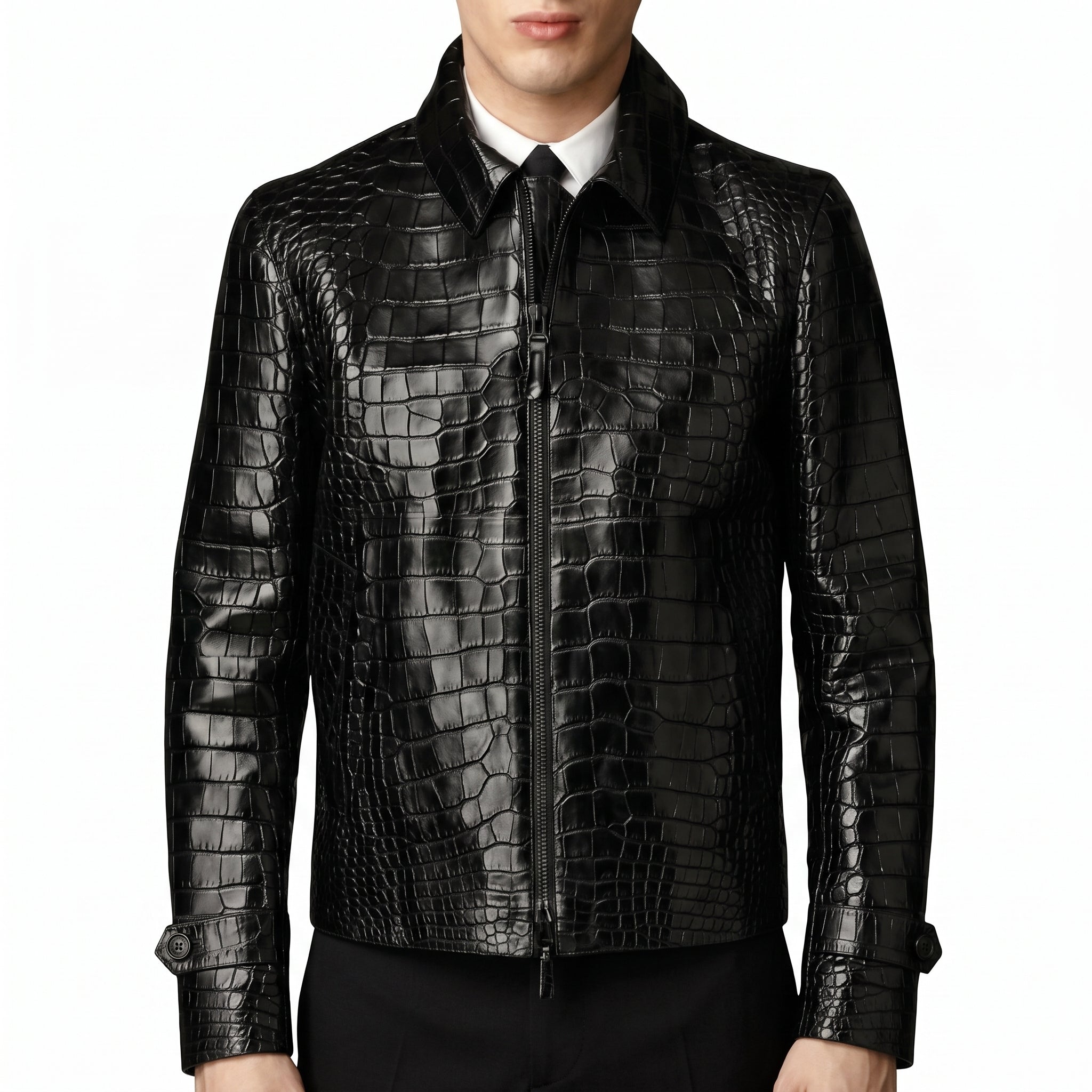 Men's Black Crocodile Print Leather Jacket - Luxury Faux Leather Jacket