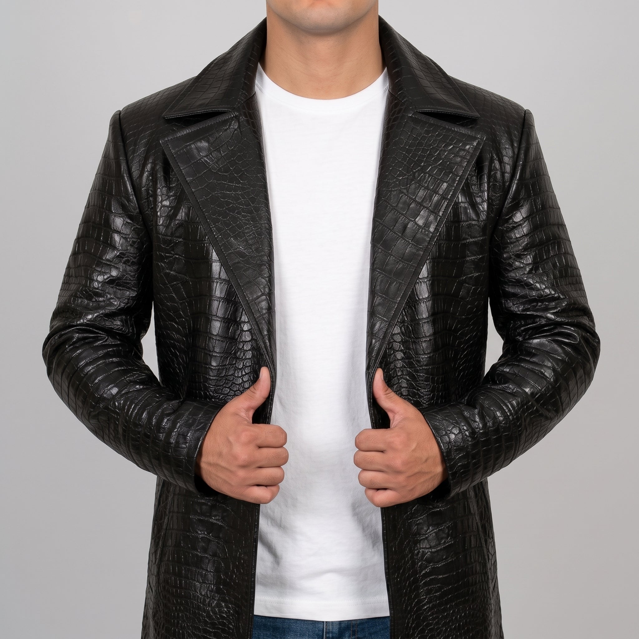 Men's Black Croc-Print Leather Long Coat - Luxury Full-Length Faux Leather Coat