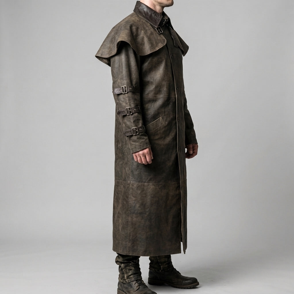 Distressed Brown Leather Duster Coat - Men's Cape-Collar Western Coat
