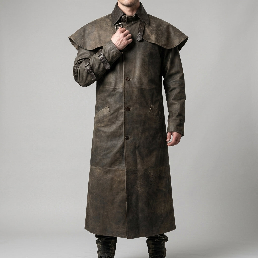 Distressed Brown Leather Duster Coat - Men's Cape-Collar Western Coat
