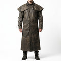 Distressed Brown Leather Duster Coat - Men's Cape-Collar Western Coat