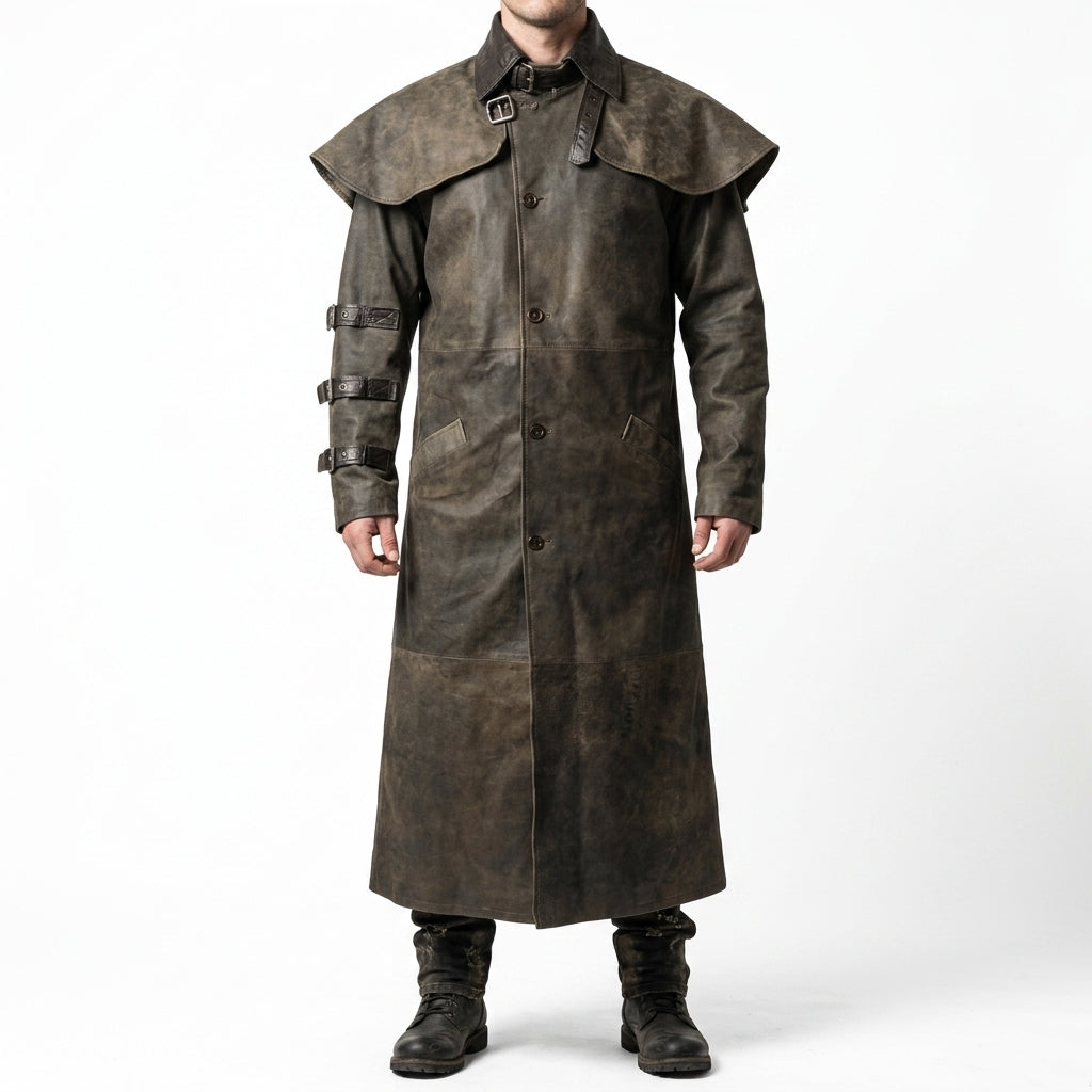 Distressed Brown Leather Duster Coat - Men's Cape-Collar Western Coat