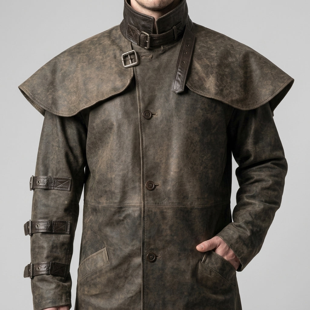 Distressed Brown Leather Duster Coat - Men's Cape-Collar Western Coat