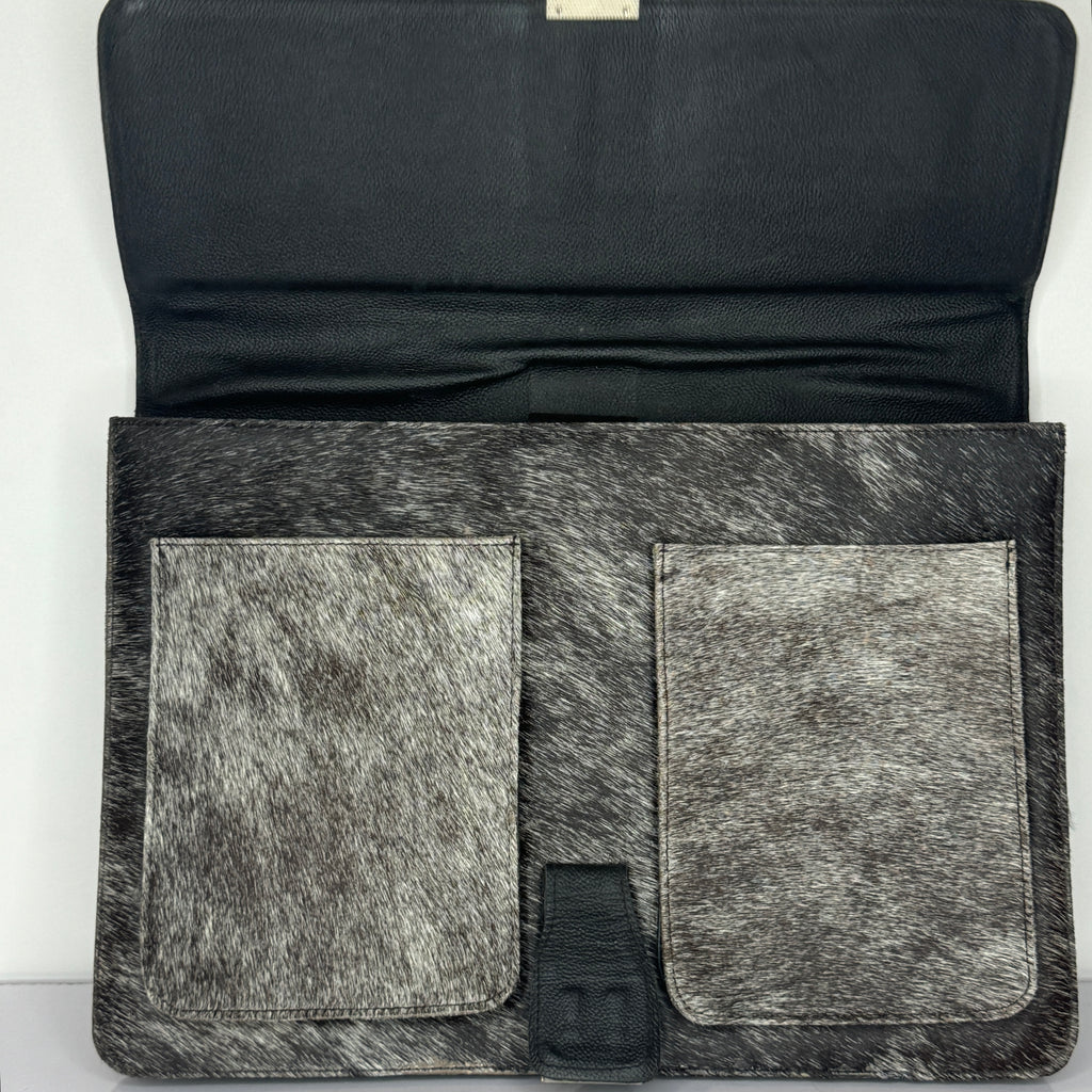 Black Leather Laptop Bag with Cowhide Trim – Slim Zip Portfolio Case