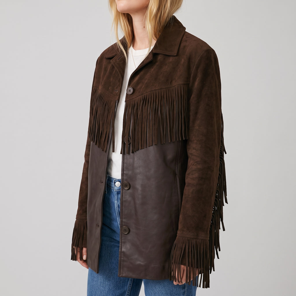 Women's Brown Suede And Leather Fringe Jacket - Western Style Mid Length Coat
