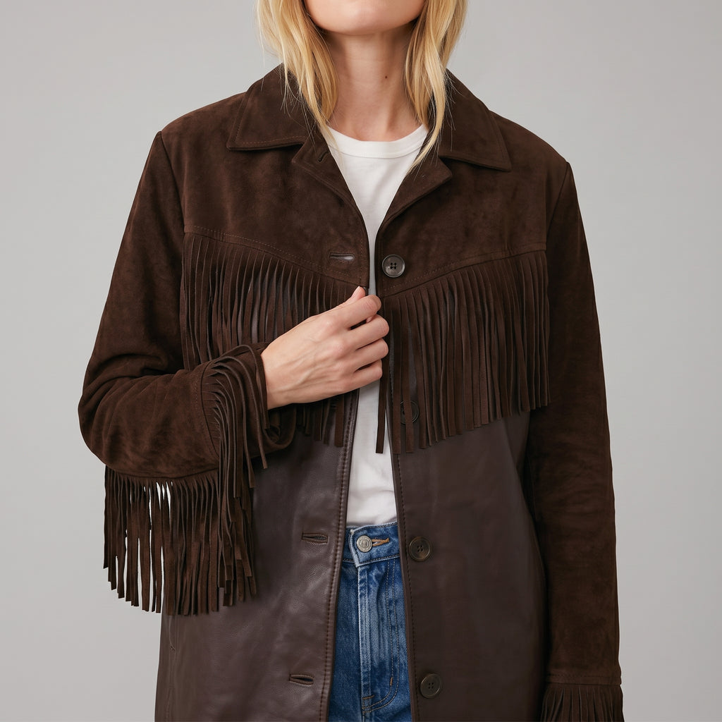Women's Brown Suede And Leather Fringe Jacket - Western Style Mid Length Coat