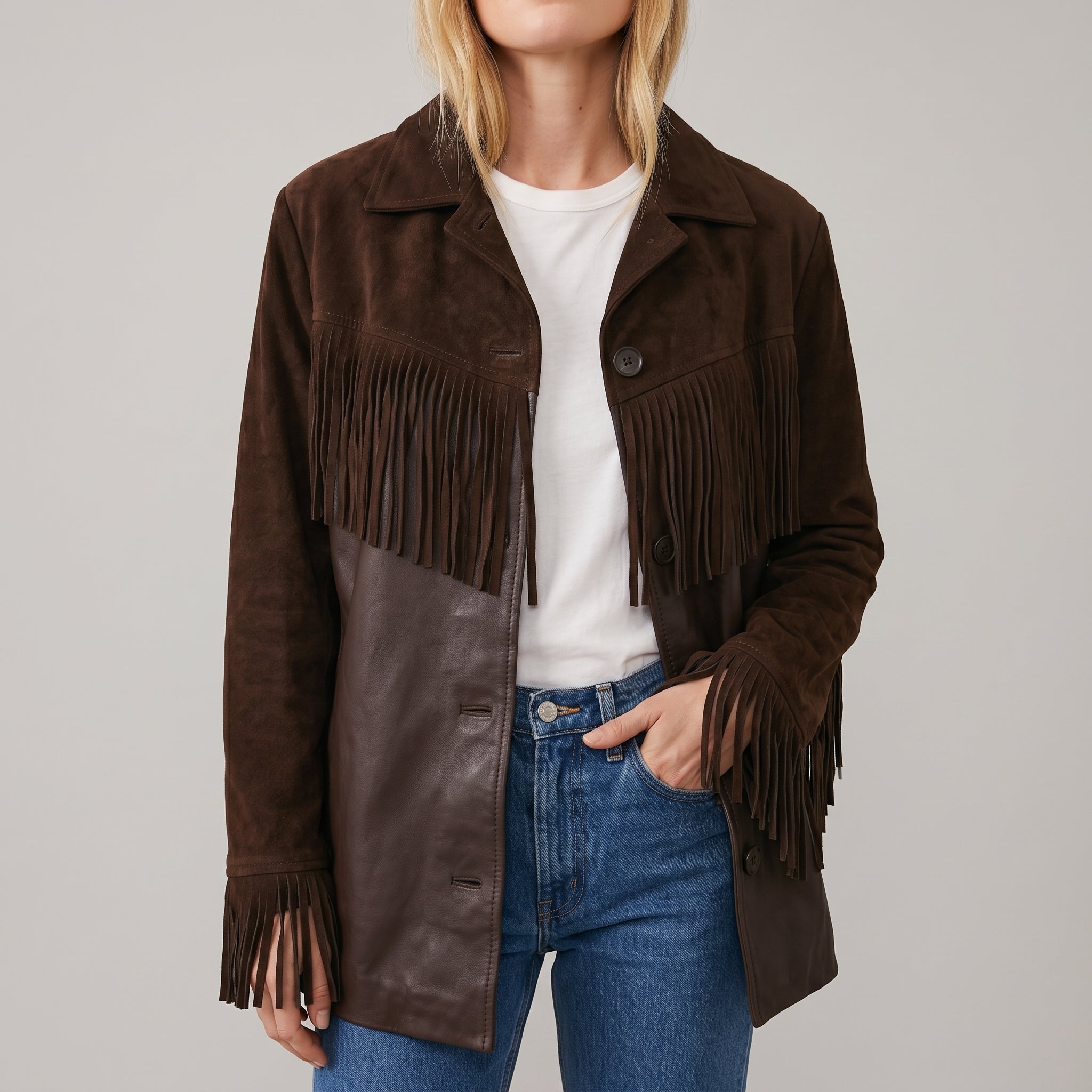Women's Brown Suede And Leather Fringe Jacket - Western Style Mid Length Coat